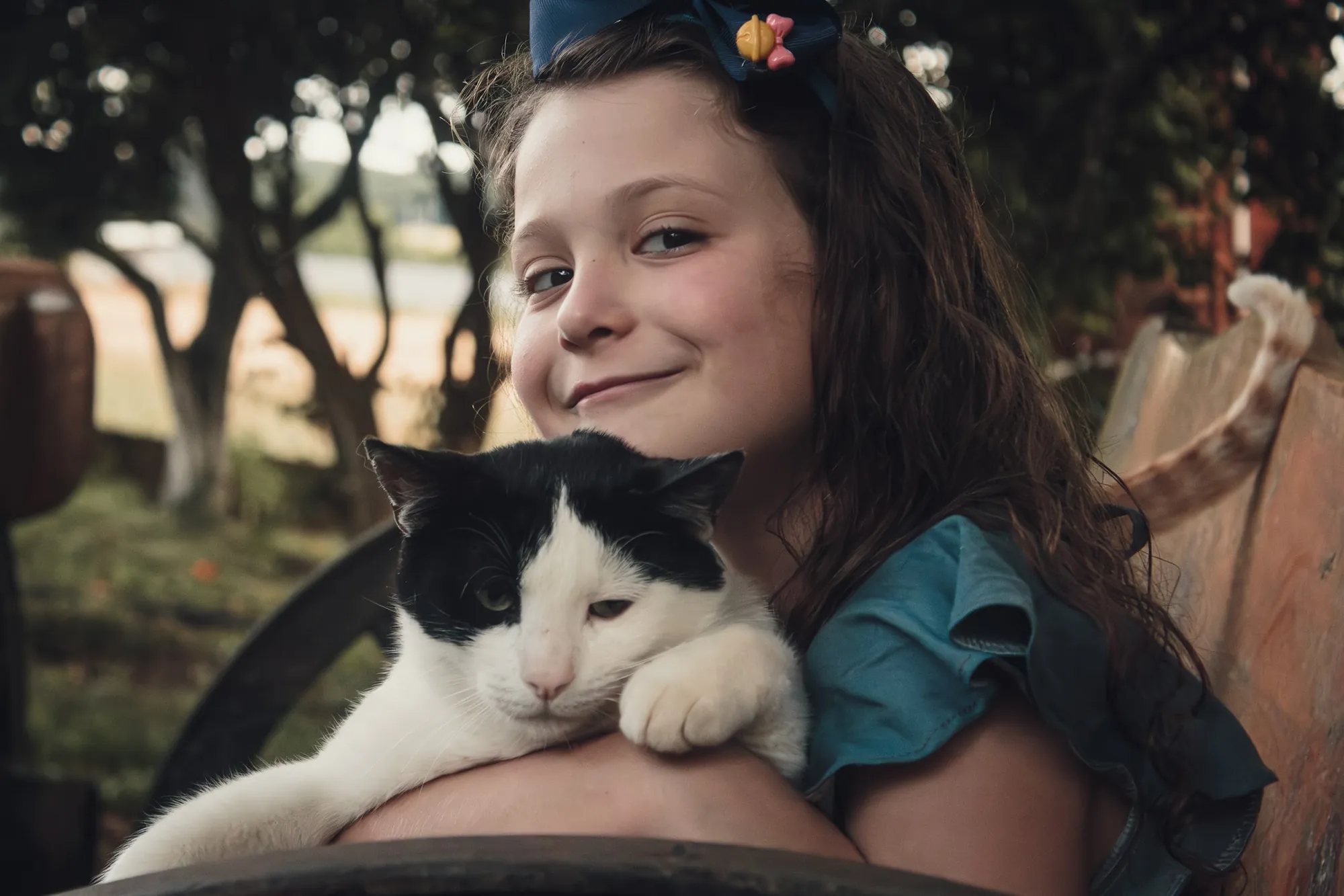 Menina de vestido azul abraça um gato preto e branco