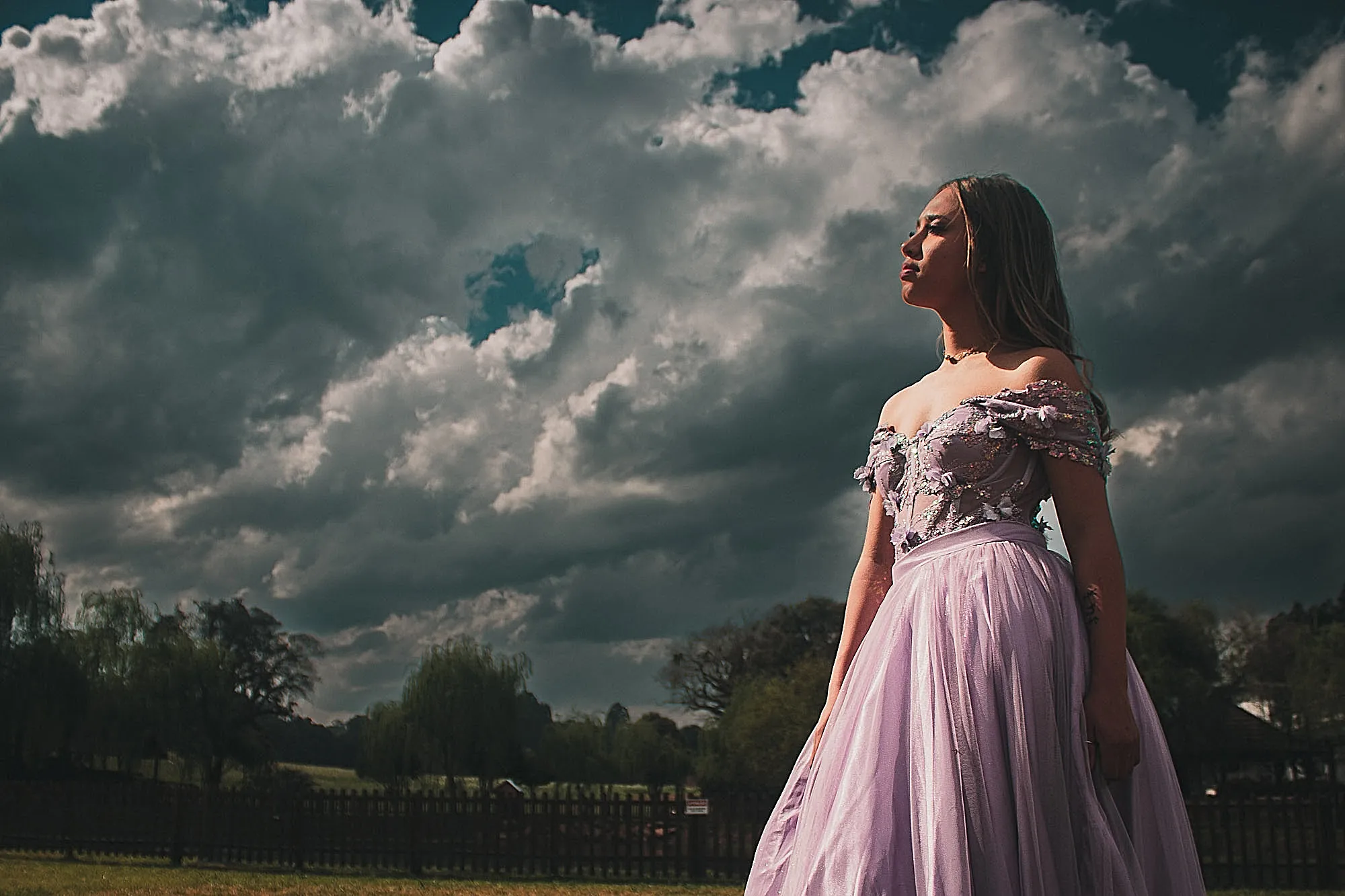 Mulher de vestido lilás sob céu de tempestade